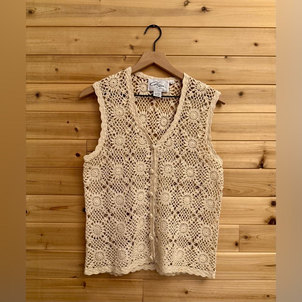 Vintage Chazzz Charles Ghailian Large Open Knit Crochet Button Front Vest Boho